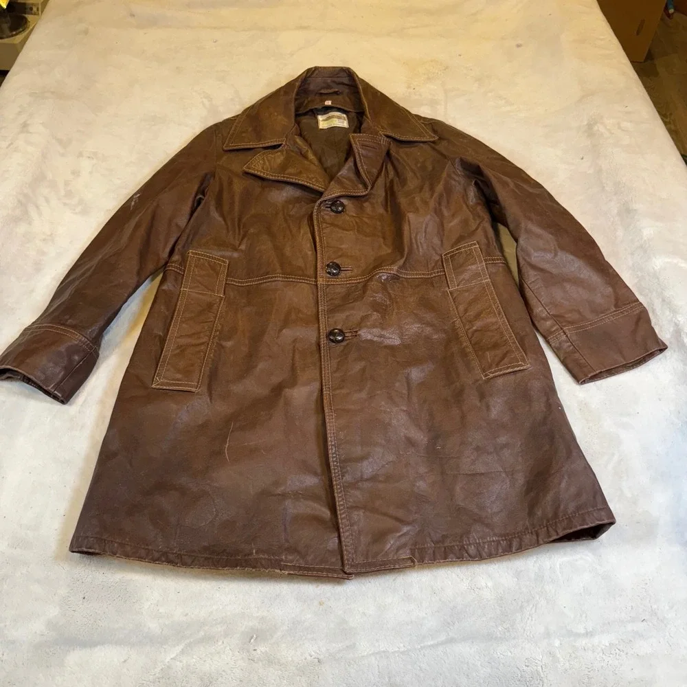 Asevox Vintage Brown Leather Car Coat Mens 40 Argentina Mid Length Jacket - Picture 1 of 7